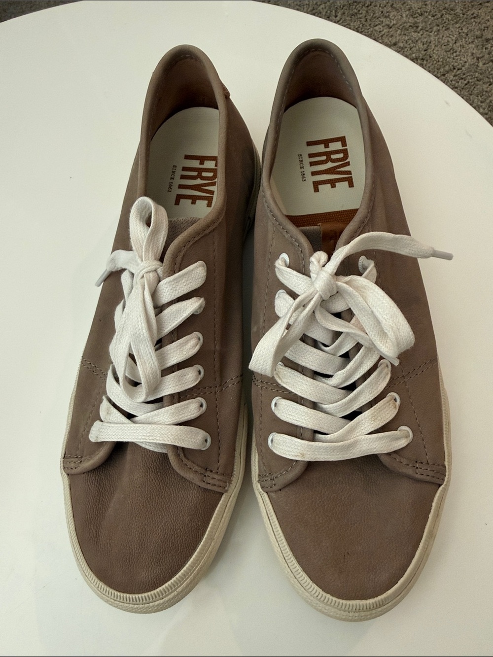 Frye Women’s Taupe Brown Leather Low-Top Sneakers with White Laces